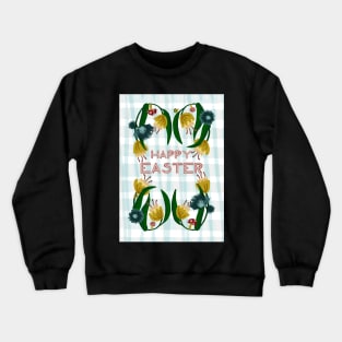 Happy Easter Floral Wreath with Daffodils, Mushrooms, and Ladybugs on Plaid | blue, yellow Crewneck Sweatshirt